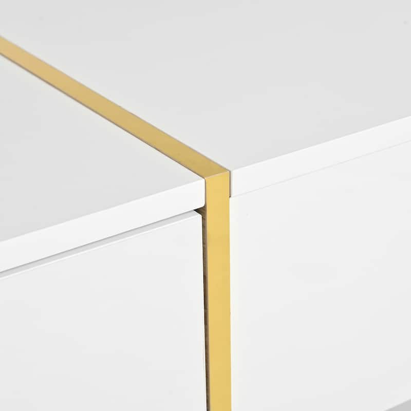 Roomfitters Modern High Gloss Coffee Table with Golden Wood Grain Legs, Rectangle Center Table with Storage