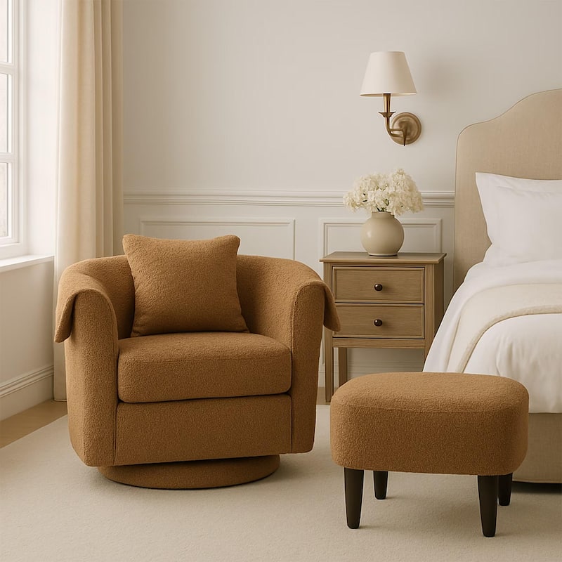 Homy Lin 360° Swivel Chenille Accent Chair with Ottoman,Armrests & Back Pillow, Comfy Living Room Armchair Set for Read or Relax