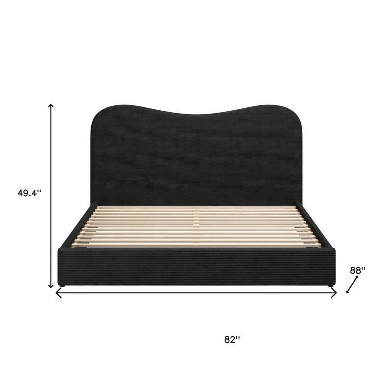 HomeRoots Black Ribbed Texture Velvet Upholstered King Bed Frame