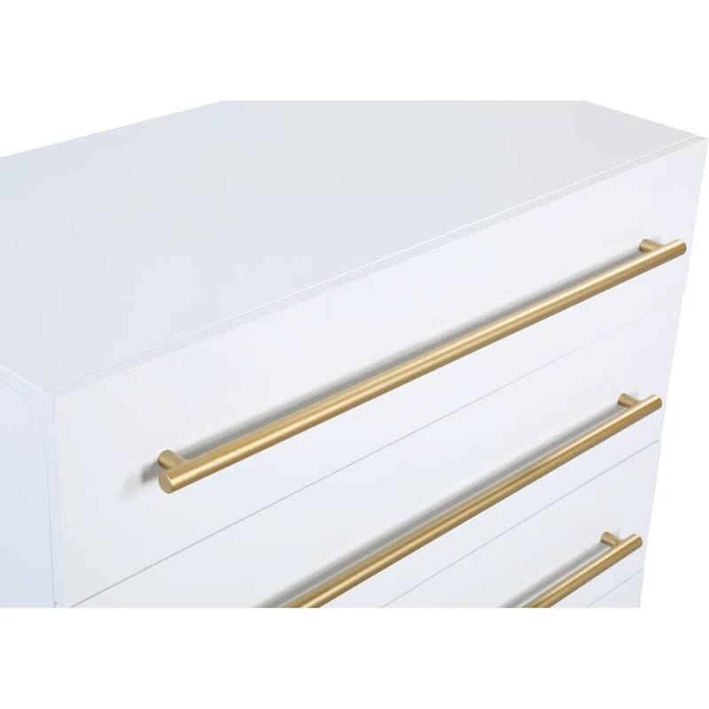 Contemporary White 5-Drawer Chest, Gold Accent Wooden Dresser Unit