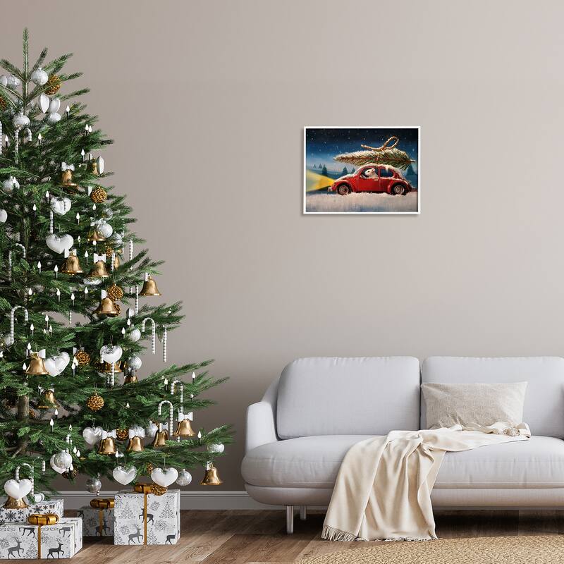 Stupell Mouse Driving Through Snow Winter Holiday Tree Framed Giclee Texturized Art by Lucia Heffernan
