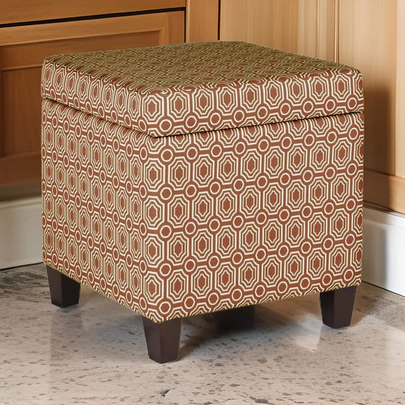 Geometric Patterned Square Wooden Ottoman with Lift Off Lid Storage, Orange and Cream