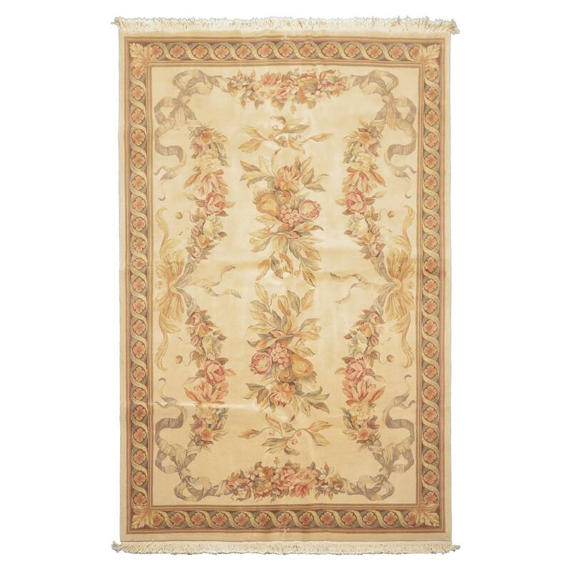 5'9''x9 Hand Knotted Wool & Silk Ivory French Aubusson Savonnerie 300 KPSI Asmara Rug - 5' 9'' x 9' - 5' 9'' x 9'