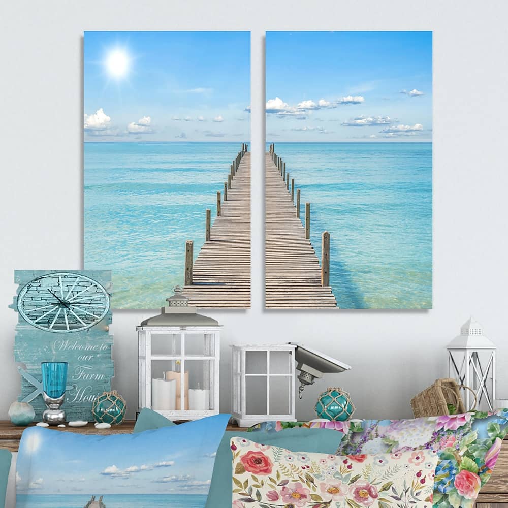 Designart "Pier Infinite to the Sea" Seascape Canvas Wall Art Print 2 Piece Set