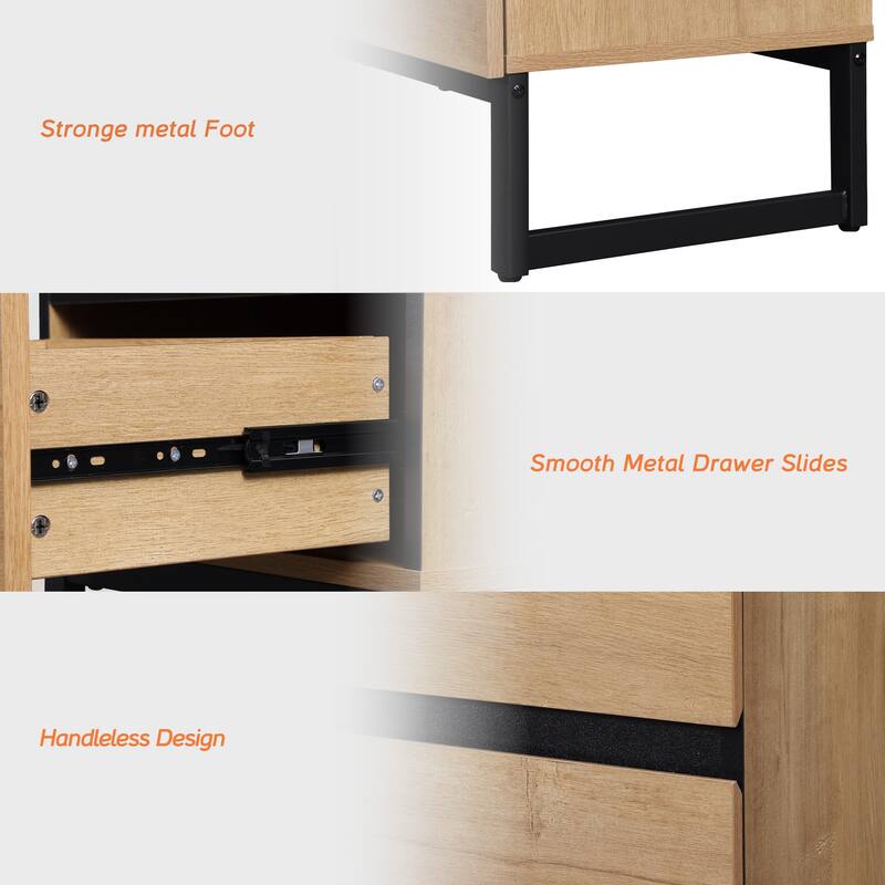 WAMPAT Modern Nightstand with 2 Drawers, Farmhouse BedsideTable with Black Square Iron Leg, Wood Rustic Side End Table