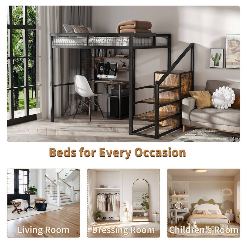 Full-Size Loft Bed w/Desk & Wardrobe - Heavy Metal Frame, Built-In Staircase, Storage Rack & Shelves