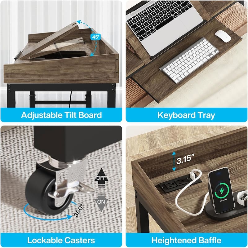 Height Adjustable Overbed Table with Wheels, Mobile Laptop Cart with Outlets & USB Ports
