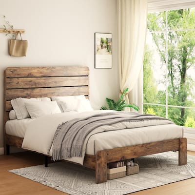 Sturdy Full/Queen/King Size Wood Bed Frame with Metal Slats, Industrial Style, Large Storage