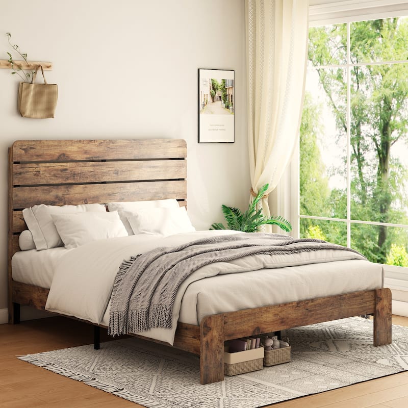 Wooden Platform Bed Frame with Headboard & Large Under Bed Storage