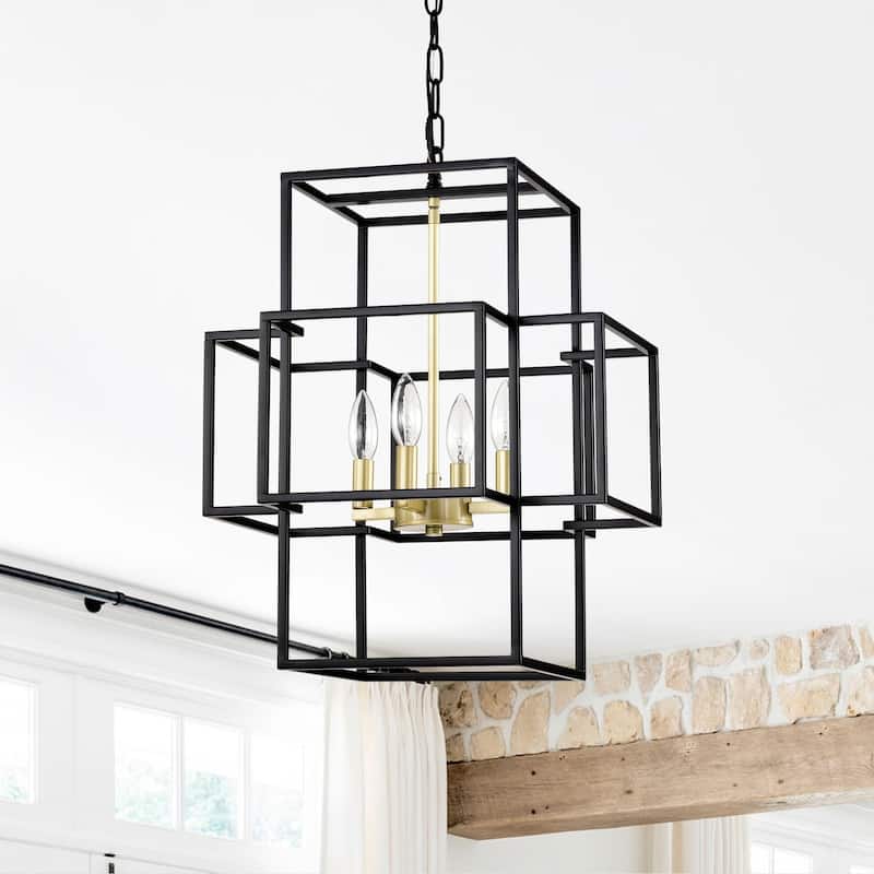 Industrial 4-Light Matte Black Farmhouse Lantern Chandelier, for Dining Room and Kitchen, E12 Bulbs Not Included