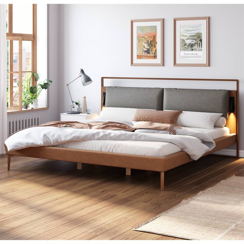 King Size Leather Bed with LED Night Lights and Ergonomic Headboard