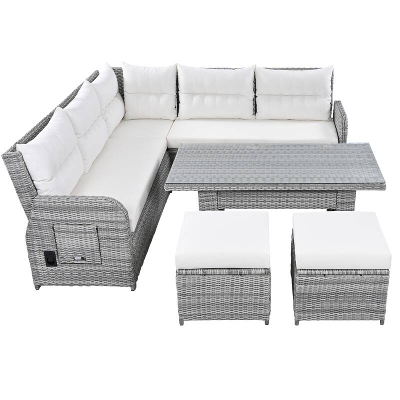 Outdoor Rattan Sectional Sofa Set with Adjustable Table & Recliners