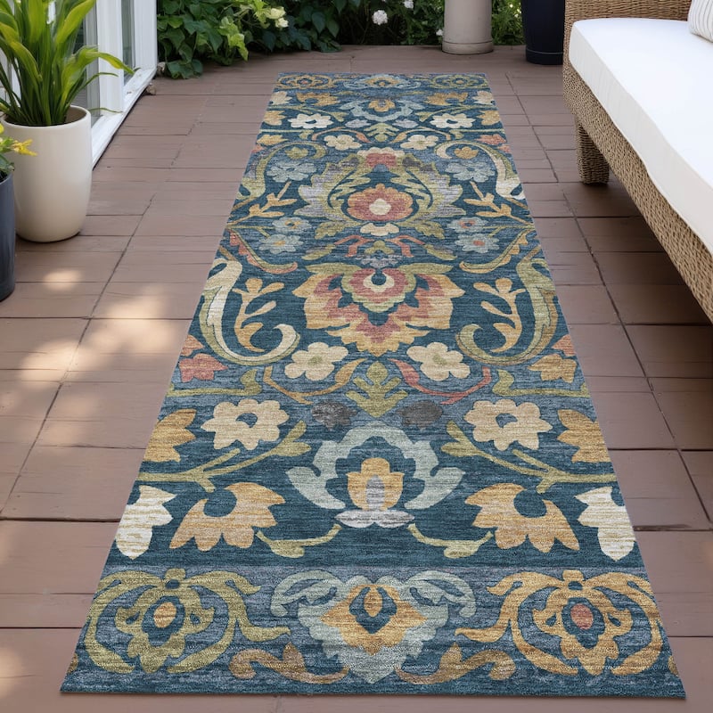 Machine Washable Indoor/Outdoor Floral Watercolor Chantille Rug - Navy - 2'3" x 7'6"