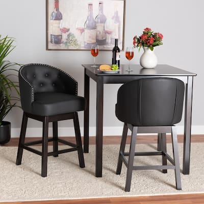 Theron Mid-Century Transitional Faux Leather and Wood Swivel Counter Stool Set-2PC