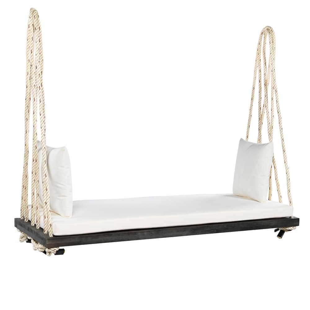 Patio Wooden Swing Chair, Hanging Porch Swing Bench with Cushion&Pillows, 10.8Ft Hemp Ropes for Garden,Backyard, Lawn