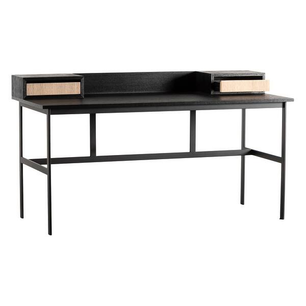 slide 2 of 6, Harmony Modern Black Oak Writing Desk With Iron Base with Natural Oak Veneer Drawer Fronts Black
