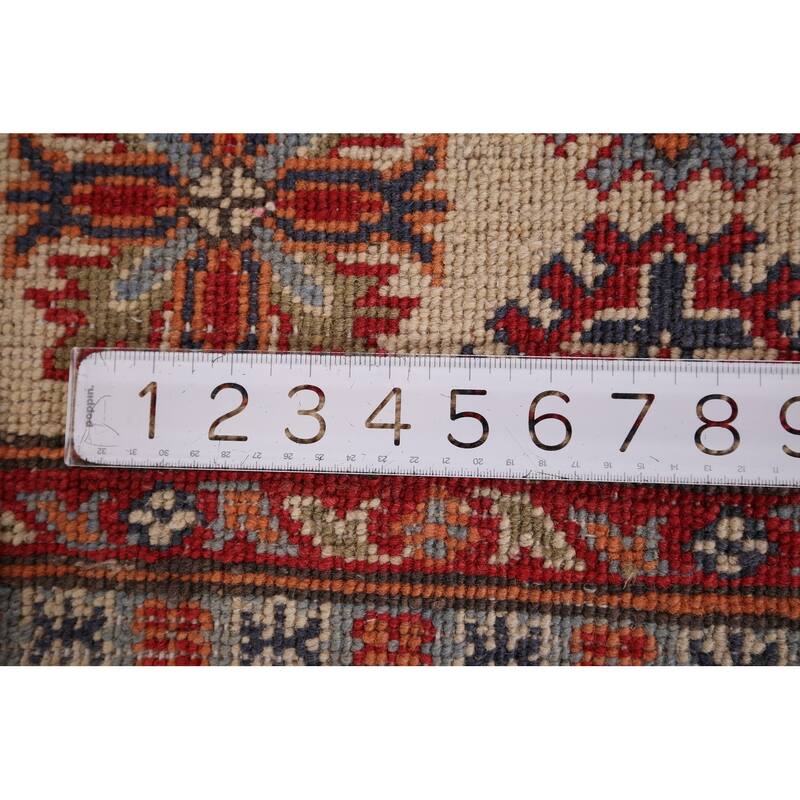 Red Geometric Kazak Area Rug Hand-Knotted Traditional Wool Carpet - 4'10" x 6'9"