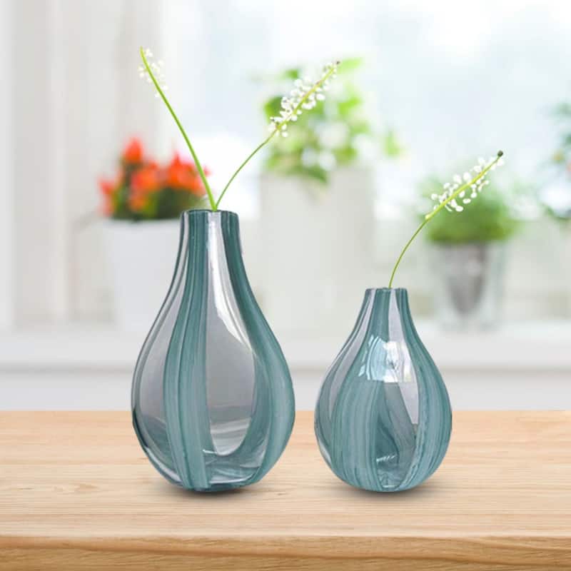Green Striped Tear Drop Glass Set of Two Elegant Art Deco Vases