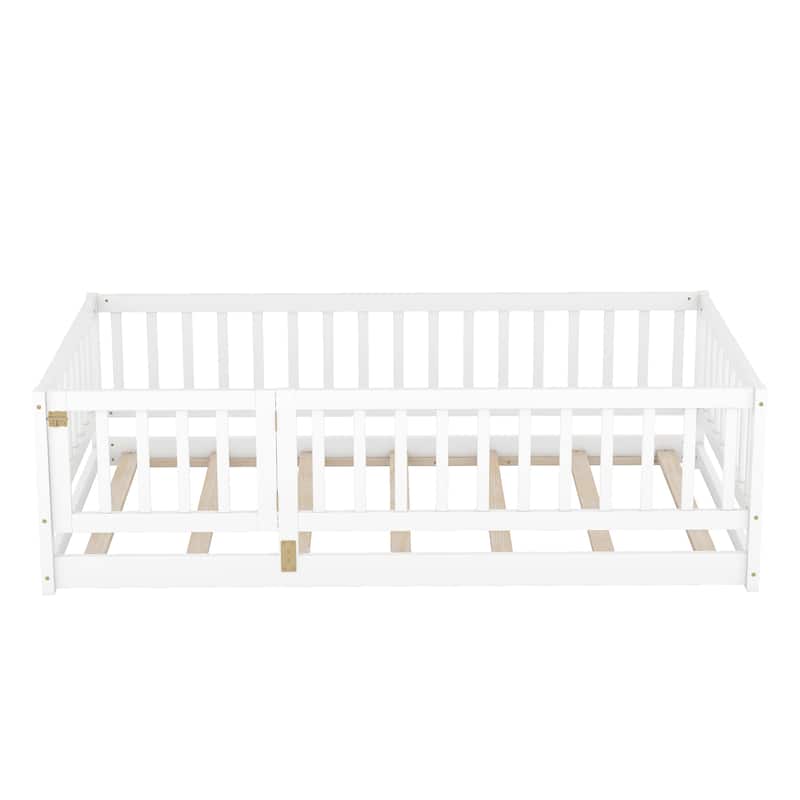 Montessori Floor Bed with Fence Guardrail and Removable Door Toddler Floor Wood Bed Frame for Kids Boys Girls Children's Room