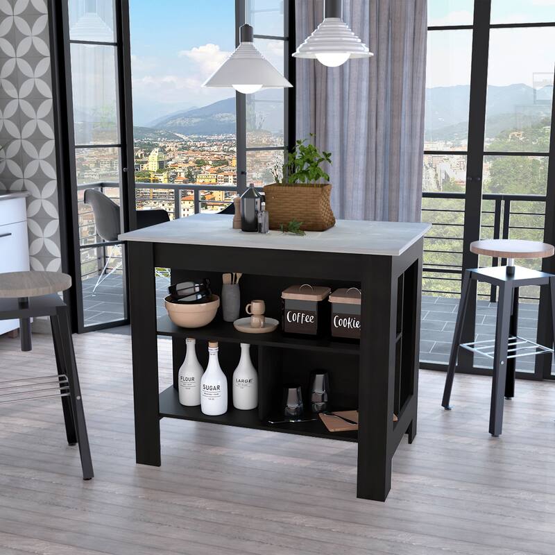 FM Furniture Brooklyn Kitchen Island with Open Storage - Black/Ibiza Marble
