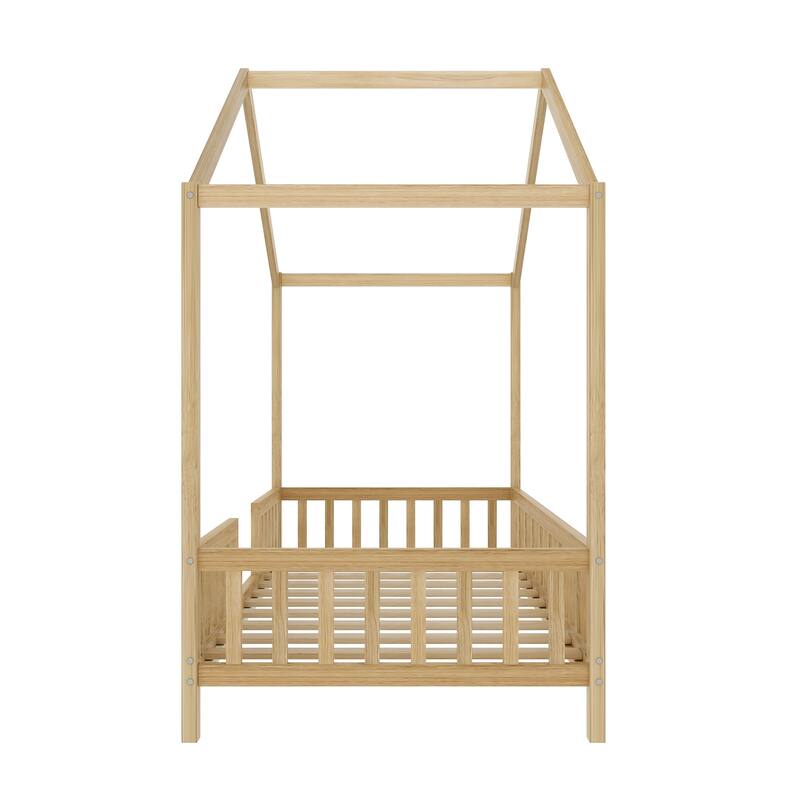 Montessori Floor Bed with Canopy, Twin Bed Frame for Kids, House Shape Toddler Bed Frame with High Railings,Twin