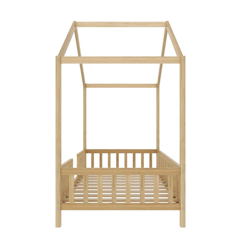 Montessori Toddler Bed Kids House Bed with Airy Canopy, Wood Bed Frame Bed Tent with 4 Full Guardrails, No Box Spring Needed