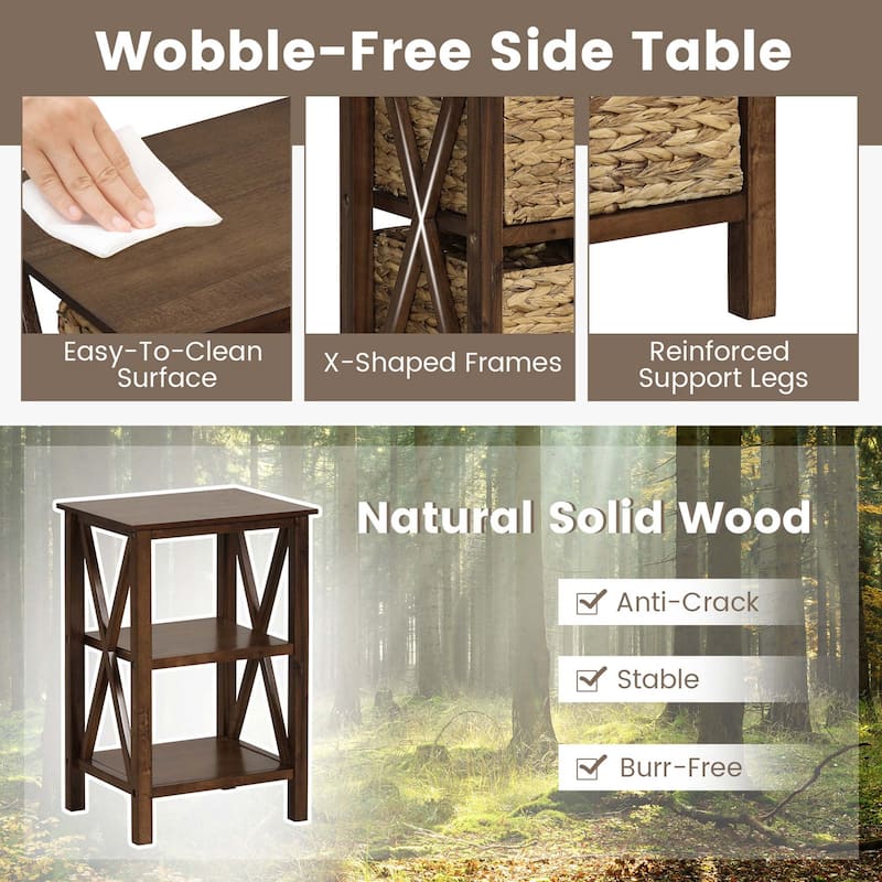Costway 1/2 PCS 2-Tier Nightstand with 2 Seagrass Baskets Rubber Wood