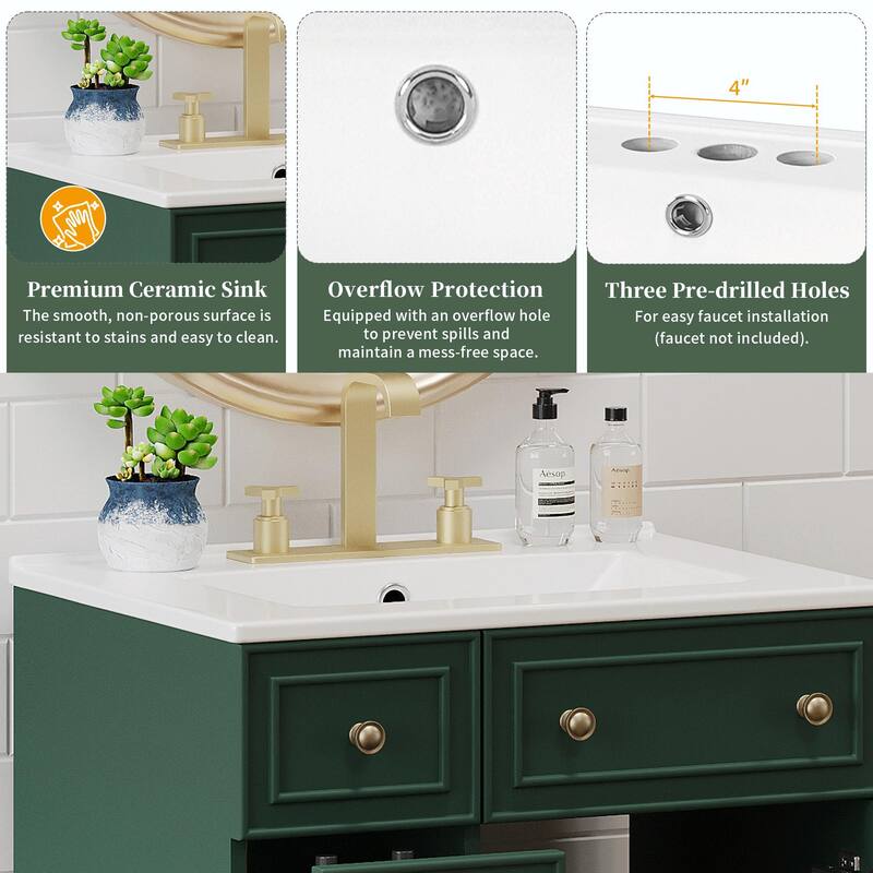 24-Inch Bathroom Vanity Cabinet with Ceramic Sink - 2 Drawers and 1 Door