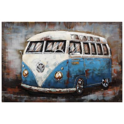 "Blue bus" Mixed Media Iron Hand Painted Dimensional Wall Art