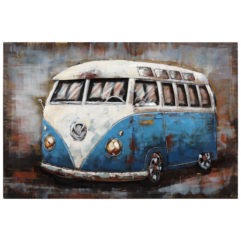 "Blue bus" Mixed Media Iron Hand Painted Dimensional Wall Art