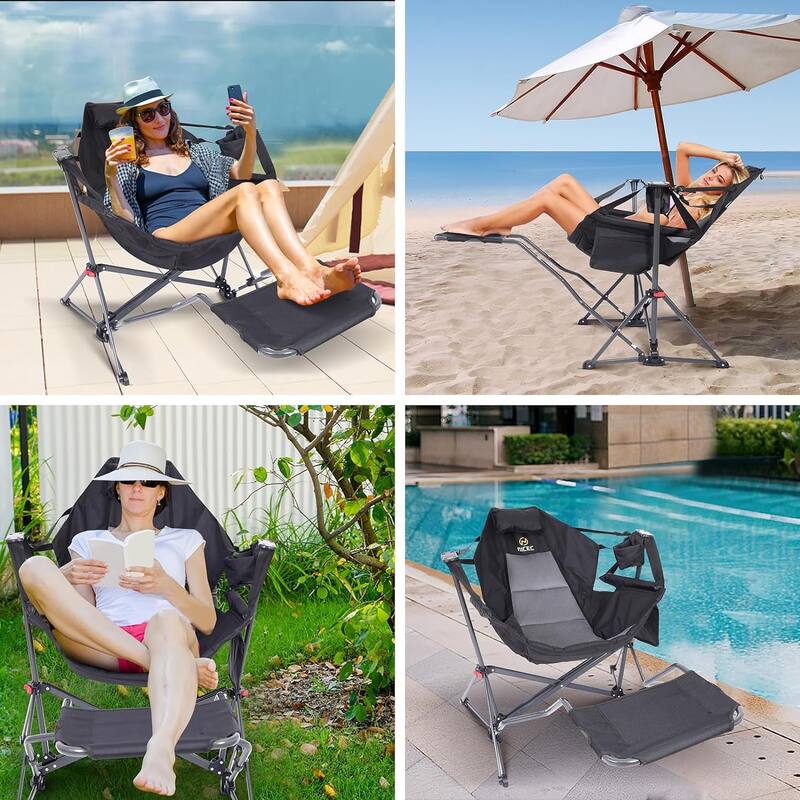 Hammock Camping Chair with Footrest, Camping Chair, Hammock with Stand, Swing Chair, with Cup Holder, Side Pocket, Heavy Duty