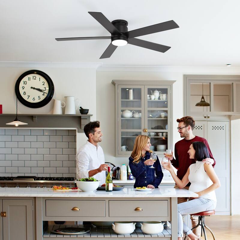 52-inch Black Flush Mount Ceiling Fan with LED Light and Remote