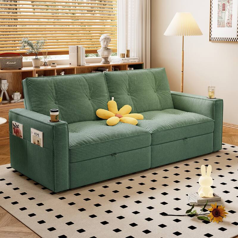 Multi-Functional Corduroy Loveseat Couch Convertible Sleeper Sofa Bed with Cup Holders and Side Pockets for Sitting, Sleeping - Green