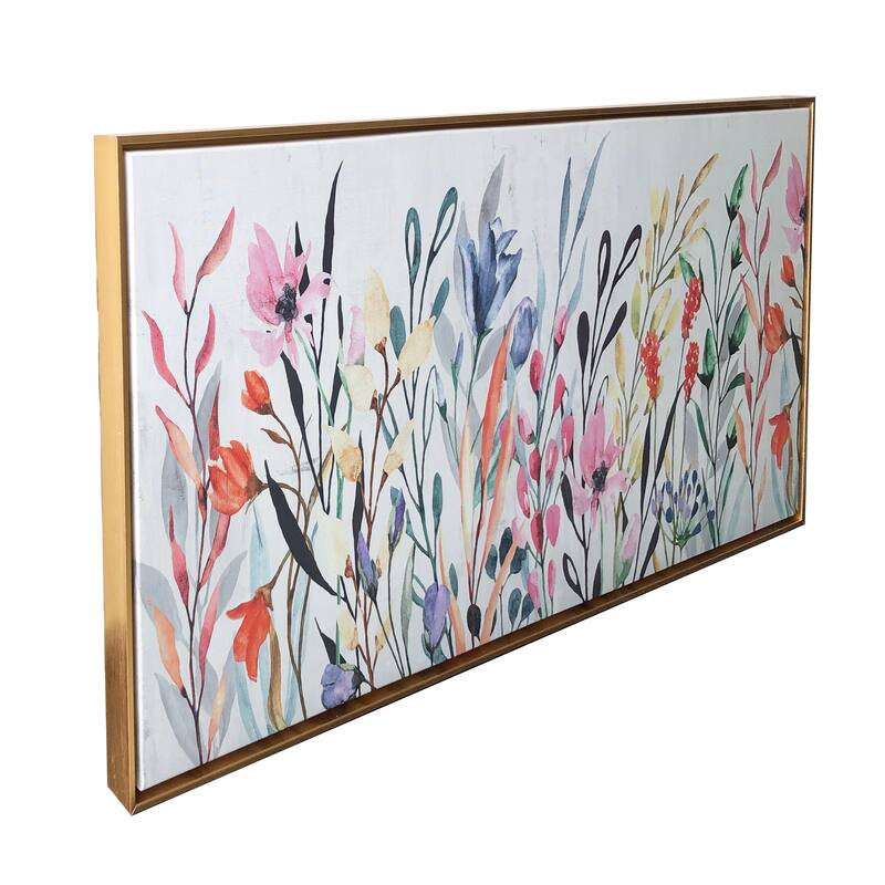 "Colorful Wildflowers" Watercolor Print on Gold Floating Framed Canvas Wall Art