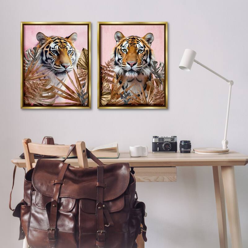 Stupell Fierce Tigers & Gold Leaves Framed Floater Canvas Wall Art Design By Kim Allen (Set of 2)