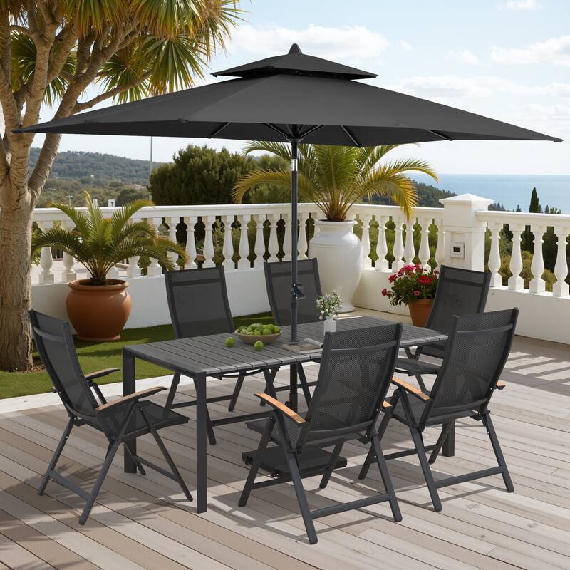 9/11-Piece Outdoor Patio Dining Set Aluminum Dining Table and Chairs w/10 ft Market Umbrella and Base with Wheels