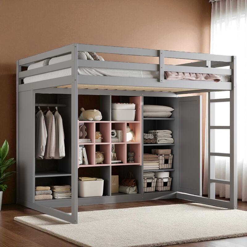 Space-Saving Twin/Full Loft Bed, Solid Wood Frame with Open Wardrobe, Colorful Shelves, Cabinet Storage & Reversible Ladder - Grey Pink - Full