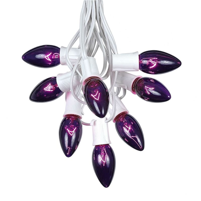 25 Foot C9 Christmas Light Set, Hanging Patio String Lights, White Wire - Purple