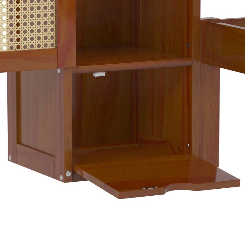 Twin Wooden Platform Bed with Rattan Headboard, 2 Lockers, Drawer & Rack