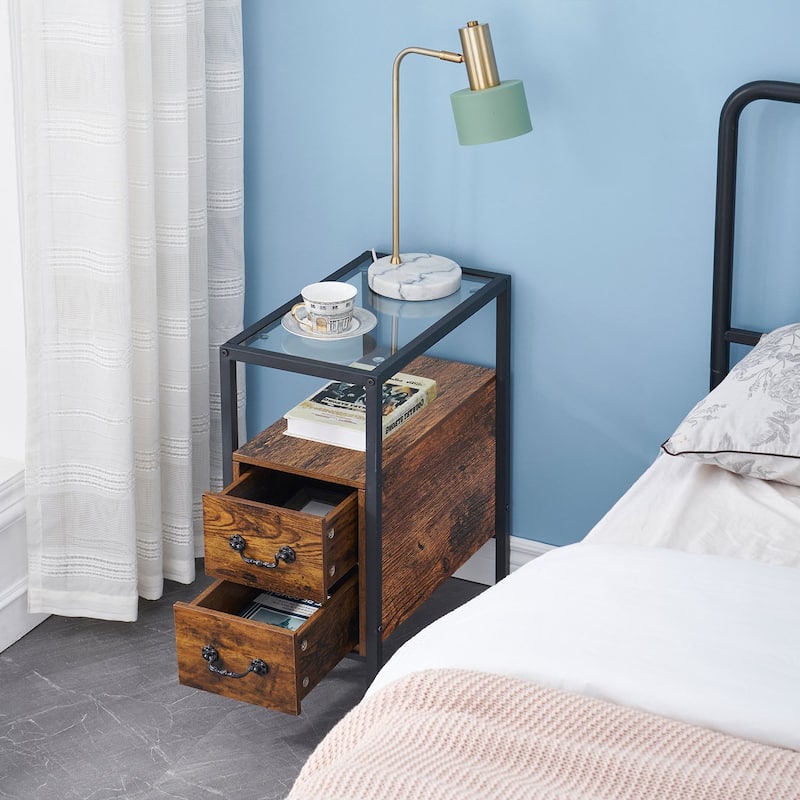 Industrial 2-Drawer Tempered Glass Narrow Nightstands /End Side Tables