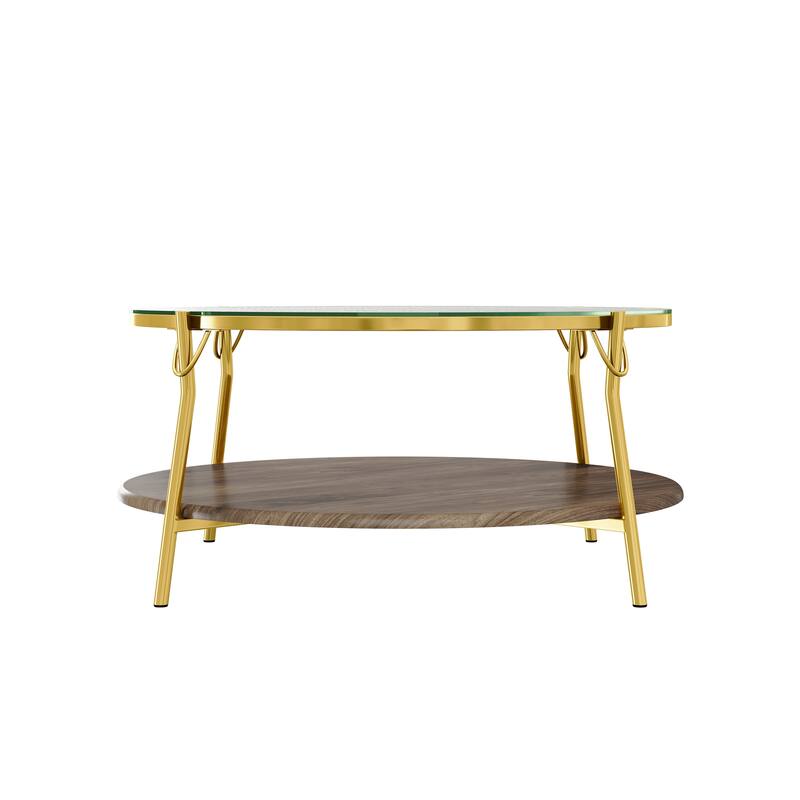 29.9" Round Coffee Table, Luxurious Center Table for Living Room, 2-Tier Storage Table with Glass Top and Gold Base