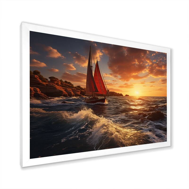Designart "Spain Sunset Sail I" Nautical & Beach Framed Wall Art Prints - White - 32 in. wide x 24 in. high