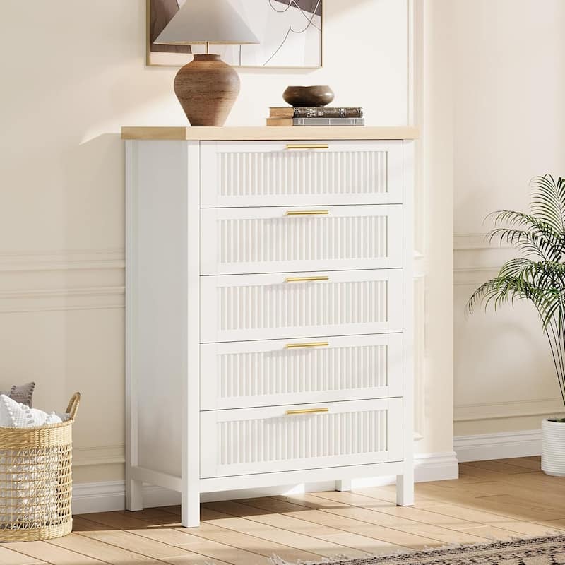 Modern Fluted Dresser with 5 Storage Drawers, Organizer Cabinet for Living Room, Bedroom - White