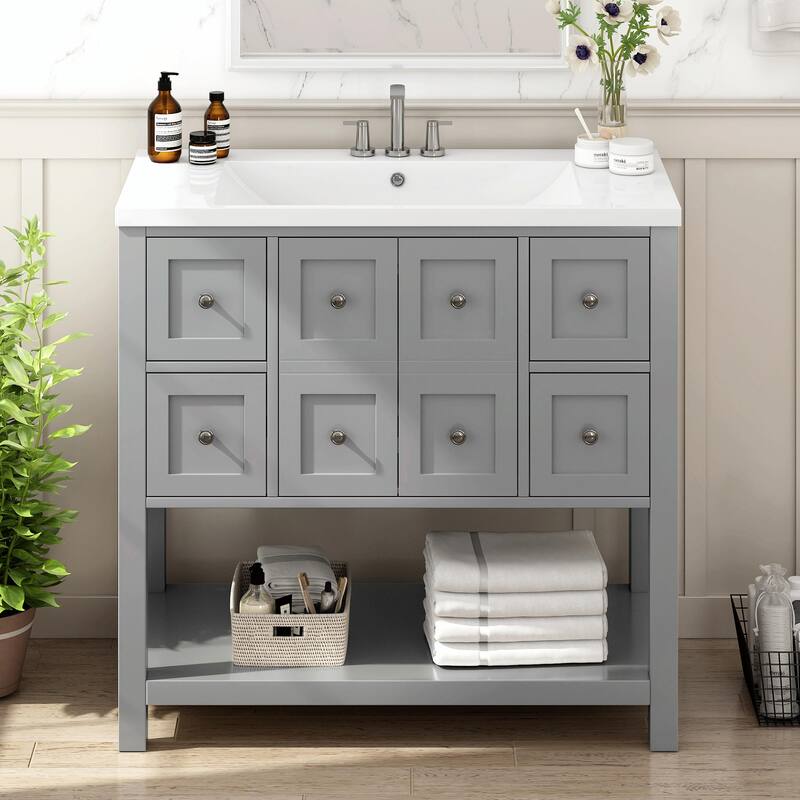 36'' Freestanding Bathroom Vanity Cabinet with 4 Drawers and Soft-Closing Doors