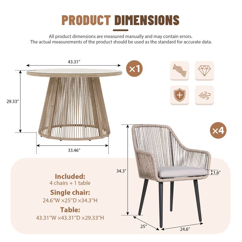 5 Pieces Outdoor PE Rattan Patio Dining Set with Round Tempered Glass Table