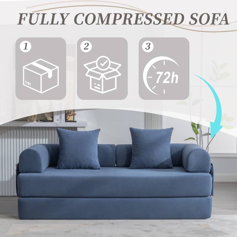 Foldable Modular Couch Sleeper Loveseat Sofa Bed with Storage Side Pocket, Detachable Metal Frame and Corduroy Fabric Cover