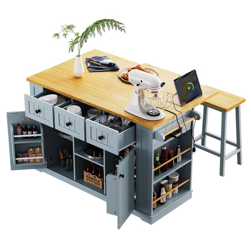Large Kitchen Island with 2 Bar Stools, Power Outlet, Kitchen Storage Cart with Drop Leaf, 5 Open Side Racks, 3 Drawers