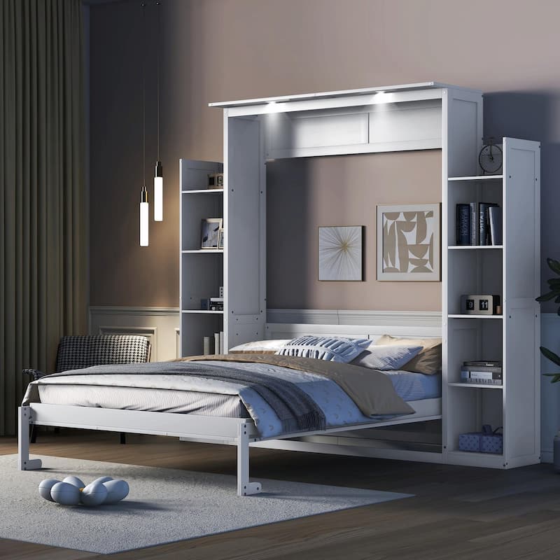 Queen Size Murphy Bed with Shelves and LED Lights - White
