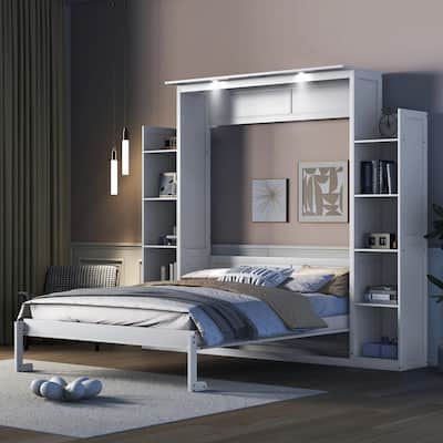 Queen Size Murphy Bed with Shelves and LED Lights