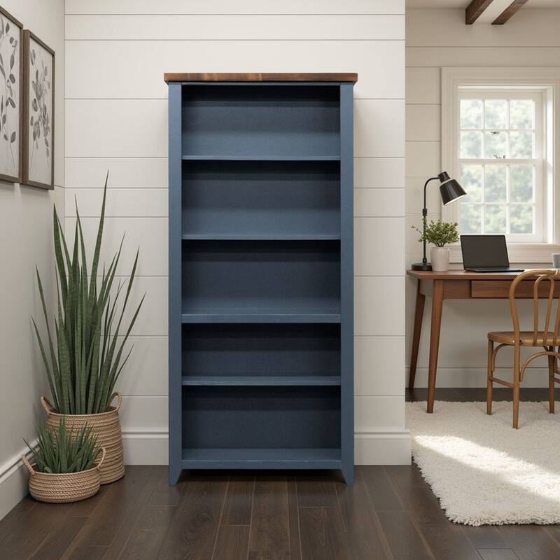 Bridgevine Home Nantucket 72 inch high 5-shelf Bookcase, No Assembly Required, Blue Denim and Whiskey Finish - Blue Denim and Whiskey